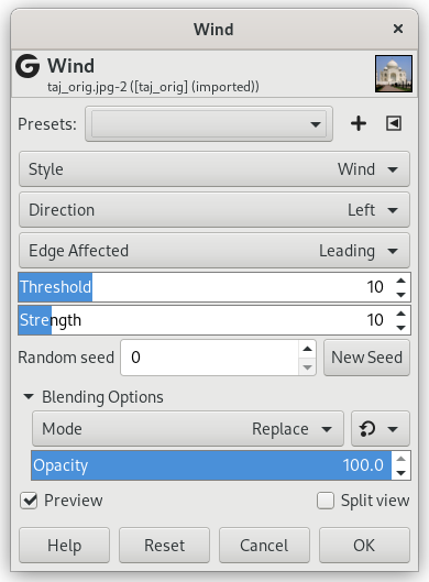 „Wind“ filter options