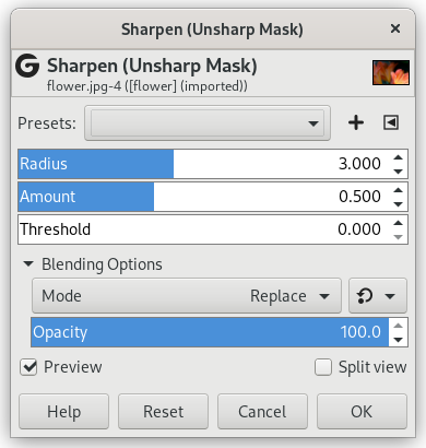 „Sharpen“ filter options