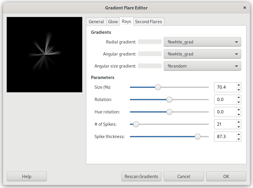„Gradient Flare Editor“ options (Rays)