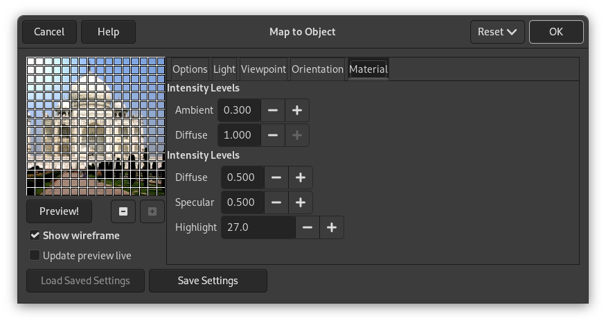 „Map Object“ options (Material)