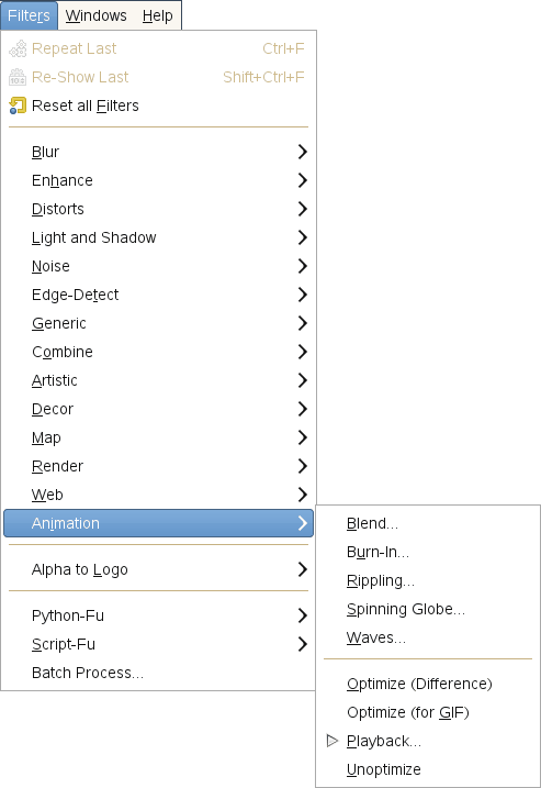 The Animation filters menu