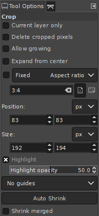 Tool Options for the „Crop“ tool