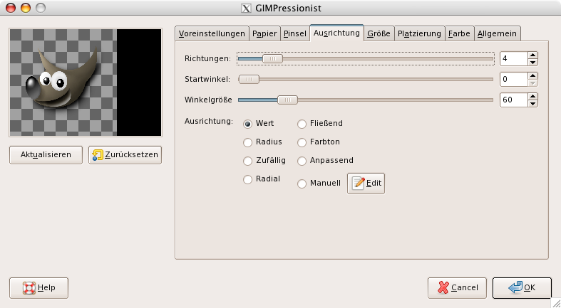 Eigenschaften (Ausrichtung) für das Filter „GIMPressionist“
