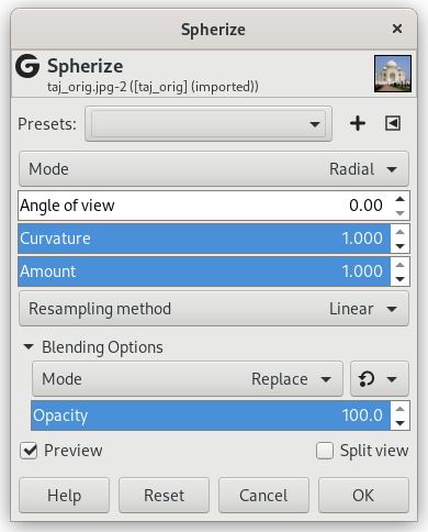 „Spherize“ filter options