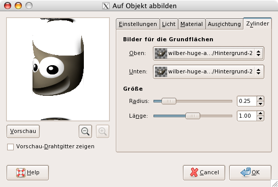 Eigenschaften des Filters „Auf Objekt abbilden“ (Zylinder)