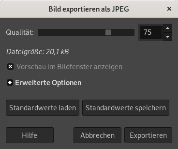 Dialog „Bild als JPEG exportieren“ mit Qualität 75