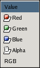 Las opciones del canal para una capa RGB con un canal alfa