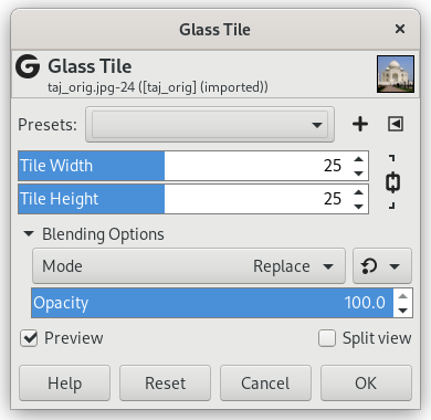 Opciones del filtro “Mosaico de cristal”