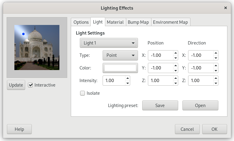 Opciones del filtro “Efectos de iluminación” (configuraciones de luz)