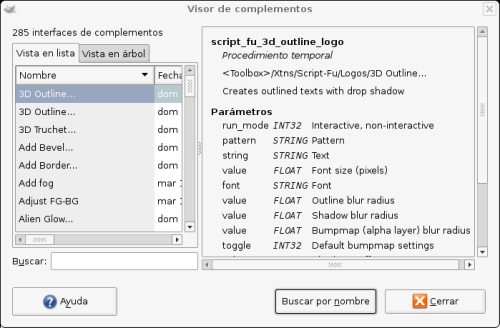 La vista en lista de la ventana de diálogo del “Visor de complementos”