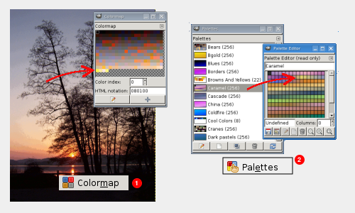 Diálogo de mapa de colores (1) y diálogo de paletas (2)