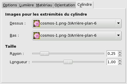 Options du filtre « Plaquer sur un objet » (cylindre)