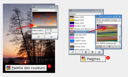Les fenêtres de dialogue : Palette des couleurs (1) et Palettes (2)