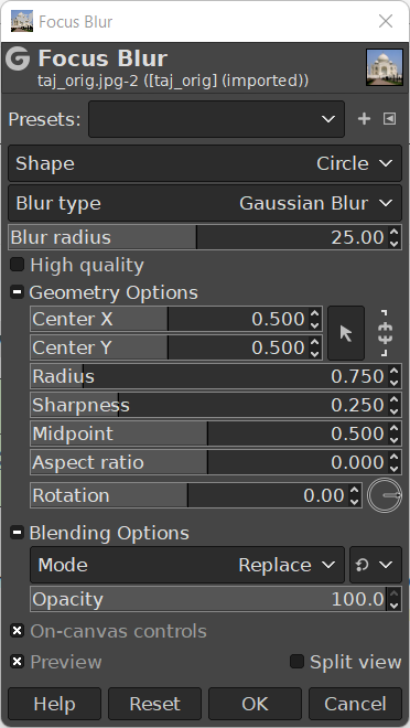 Focus Blur filter dialog options with Geometry Options expanded
