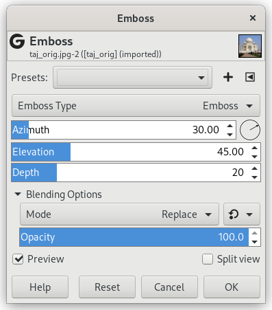 „Emboss” filter options