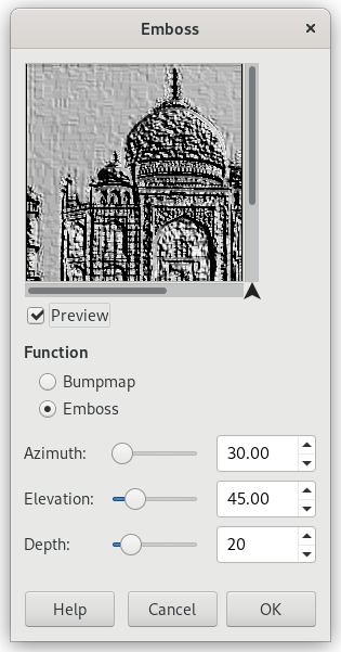 „Emboss (legacy)” filter options