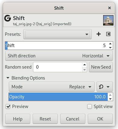 „Shift” filter options