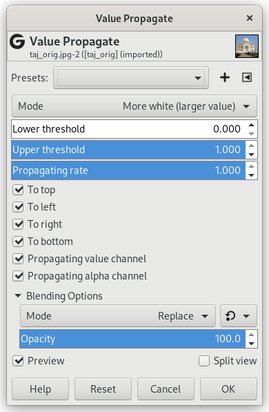 „Value propagate” filter options