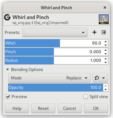 „Whirl and Pinch” filter options