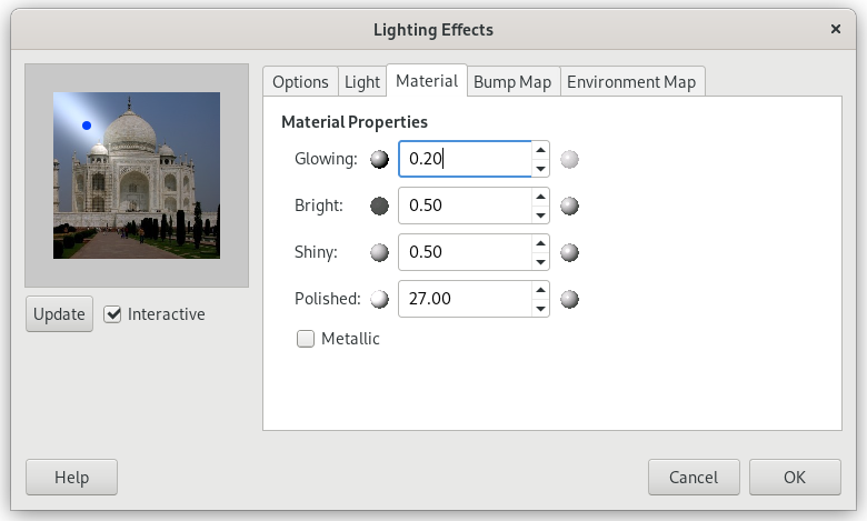 „Lighting” filter options (Material Properties)