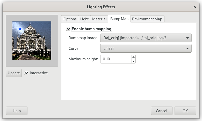 „Lighting” filter options (Bump Map)