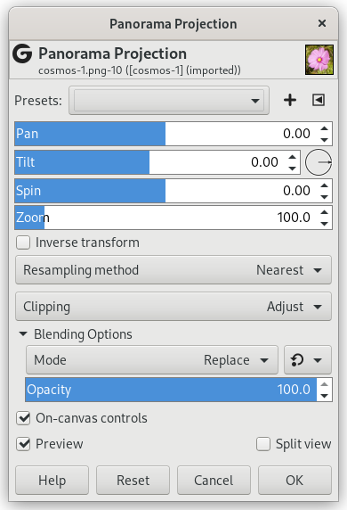 „Panorama Projection” filter options