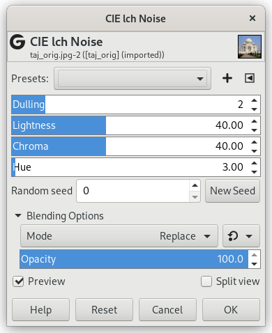 „CIE lch Noise” filter options