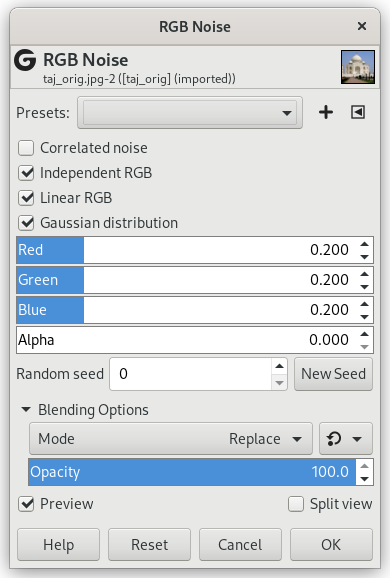 „RGB Noise” filter options