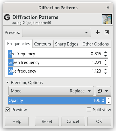 „Diffraction Patterns” filter options