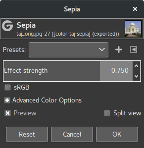 „Sepia” options