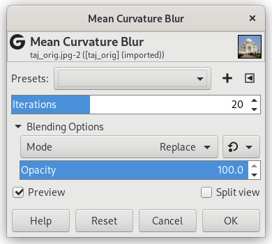 「Mean Curvature Blur」 filter parameters