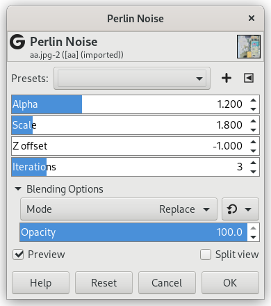 「Perlin Noise」 filter options