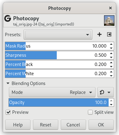 „Photocopy“ filter options