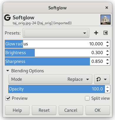 „Softglow“ filter options