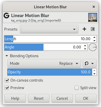 „Linear Motion Blur“ filter options