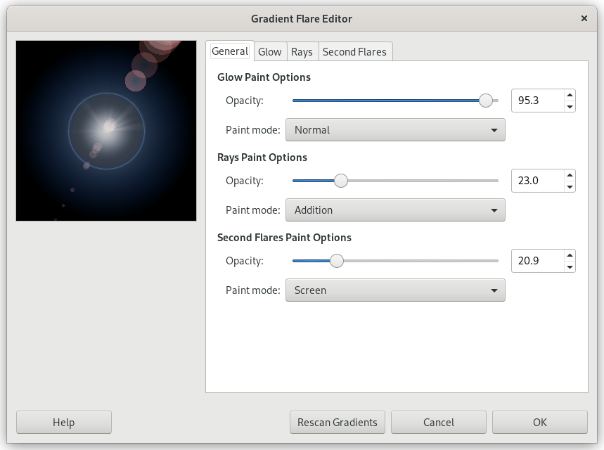 „Gradient Flare Editor“ options (General)