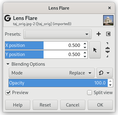 „Lens Flare“ filter options