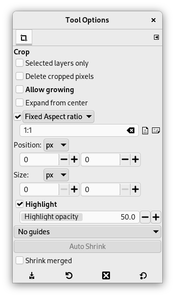 Tool Options for the „Crop“ tool