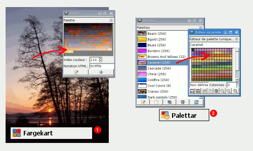 Dialogane for fargekartet (1) og paletten (2)