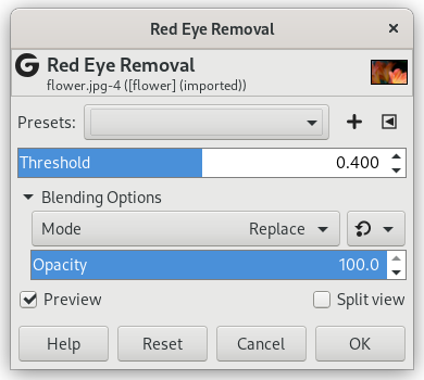 Opções para o filtro “Remoção de olho vermelho”