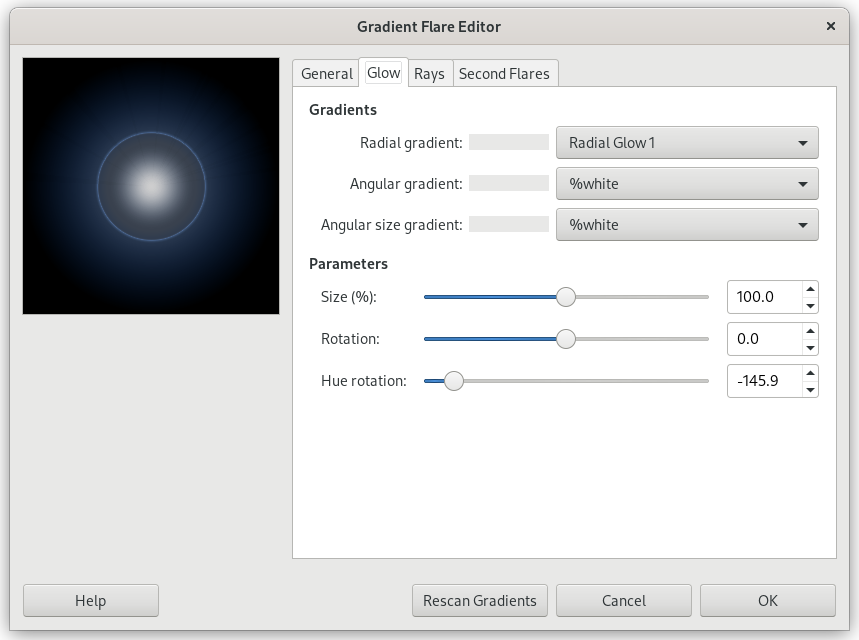 „Gradient Flare Editor” options (Glow)