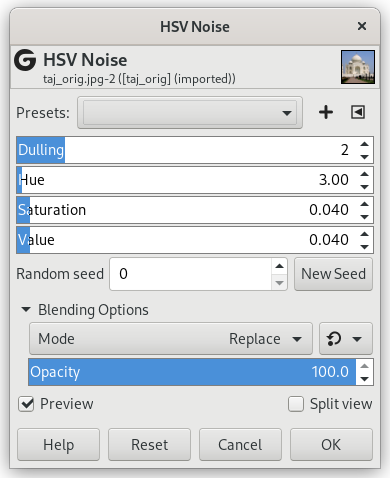 Opțiuni filtru „Zgomot HSV”
