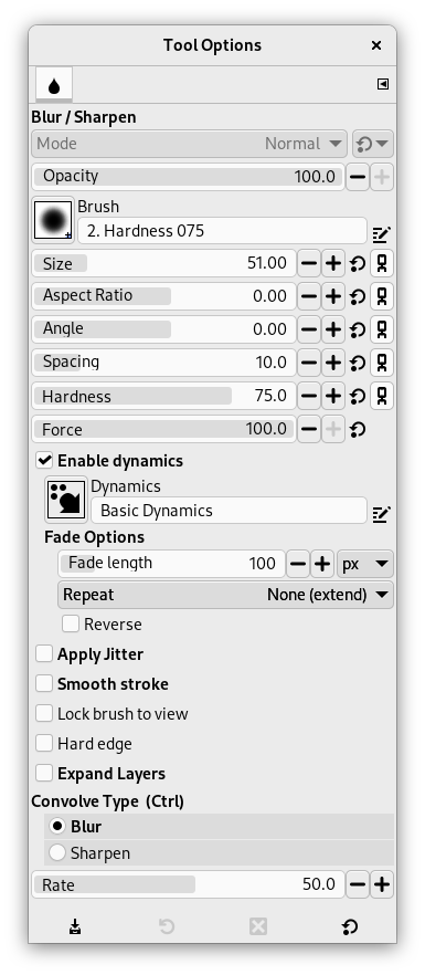 Tool Options for the Blur/Sharpen tool