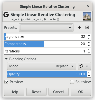 ”Simple Linear Iterative Clustering” options