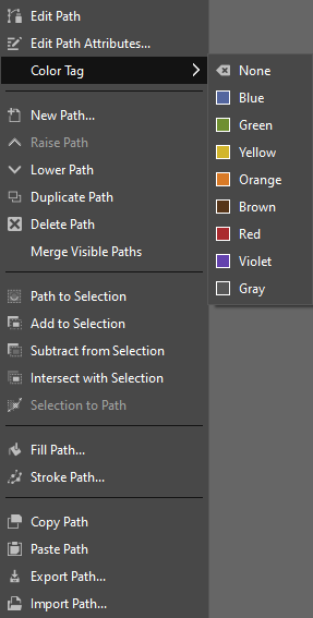 The «Paths» context menu