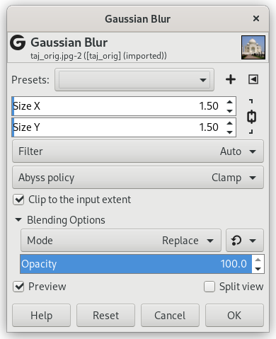 «Gaussian» filter parameters settings
