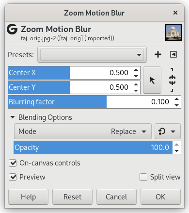 «Zoom Motion Blur» filter options