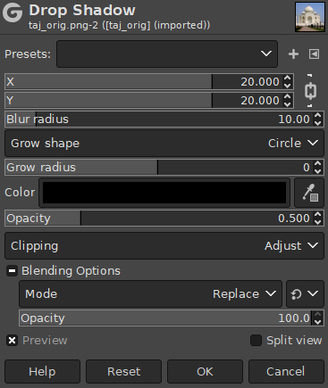 «Drop Shadow» filter options