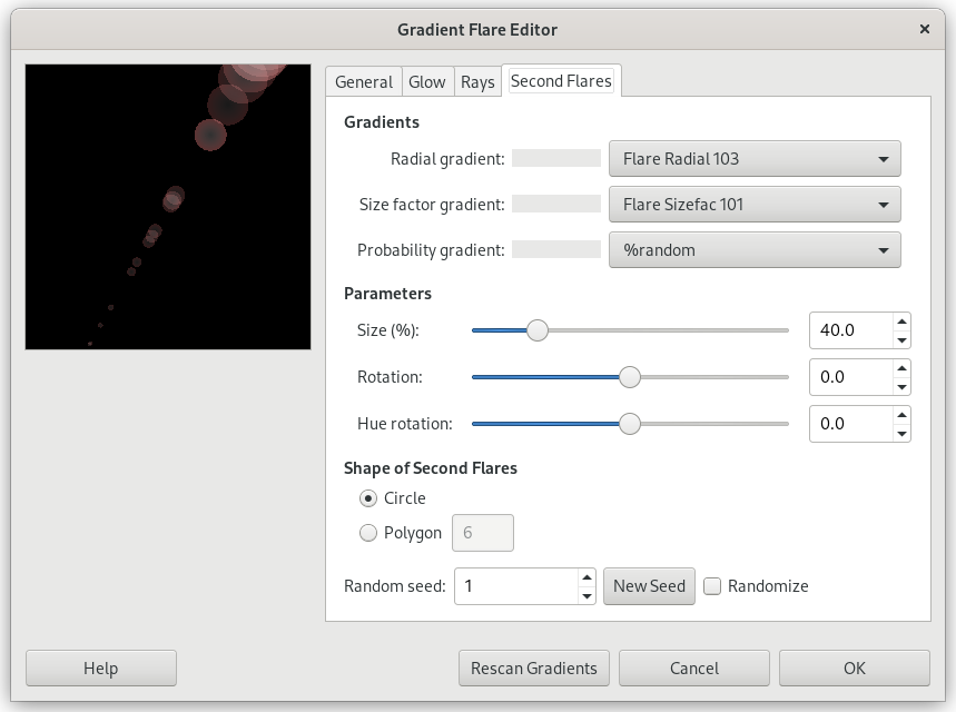 «Gradient Flare Editor» options (Second Flares)