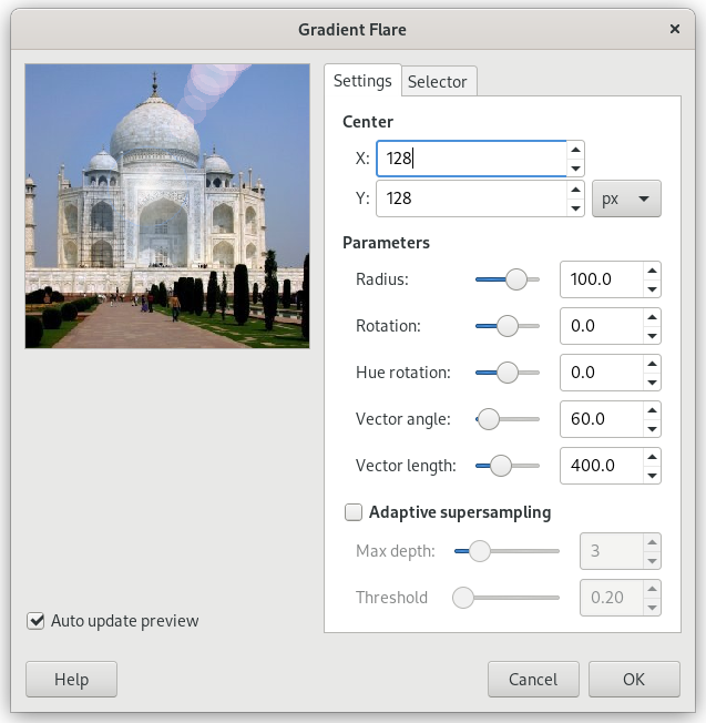 «Gradient Flare» filter options (Settings)